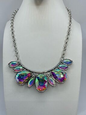 AB Crystal Statement Necklace Iridescent Rhinestone Silver Tone Bib